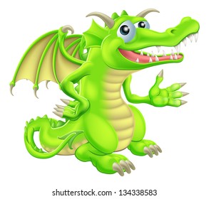 Drawing of a cute happy green cartoon dragon