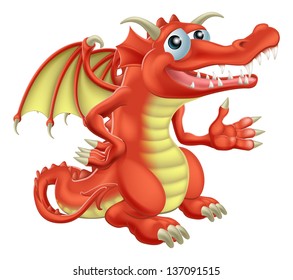 Drawing of a cute happy red dragon character
