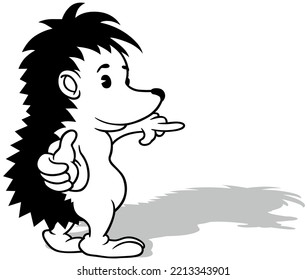 Zeichnung eines Cute Hedgehog, der einen Finger von der Seitenansicht zeigt - Cartoon-Illustration einzeln auf weißem Hintergrund, Vektorgrafik