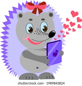 Drawing of cute hedgehog with smartphone and hearts, postcard, poster, greetings.Vector illustration in cartoon style.Isolated on transparent background