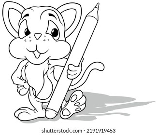 Drawing of a Cute Kitten Holding a Felt Tip Pen - Cartoon Illustration Isolated on White Background, Vector