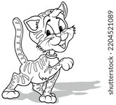 Drawing of a Cute Kitten with Raised Paw - Cartoon Illustration Isolated on White Background, Vector