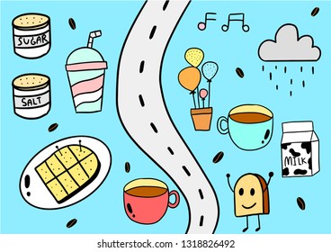 Drawing cute lifestyle holiday concept.Shaker sugar,Shaker salt,Toast bread,Coffee cup,Coffee bean,Milk packet,Balloon,Dark cloud.Vector illustration.