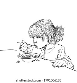 Drawing of cute little girl eating food from plate without appetite, dropped some food on table. Child having lunch, Vector sketch Hand drawn illustration