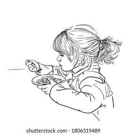 Drawing of cute little girl eating food with fork from plate, Child having lunch, Vector sketch Hand drawn illustration