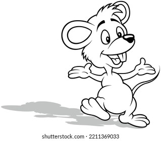 Drawing of a Cute Little Mouse with a Smile and Open Arms - Cartoon Illustration Isolated on White Background, Vector