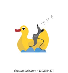 Drawing of a cute little mouse snoring and sleeping on a yellow duck's back across the sea looks funny  vector  color drawing or illustration