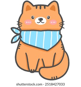 A drawing of a cute little orange cat wearing a blue scarf smiling brightly in a sitting position. Use as illustrations, stickers, and clothing prints.