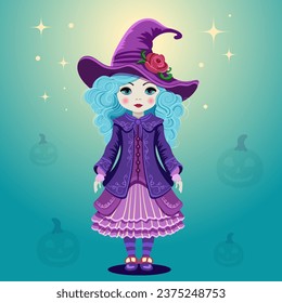 Drawing of a cute little witch with blue hair and in purple dress and hat. Magical character of Halloween in cartoon style. Isolated design element. Greeting card template, flyer, poster. Vector. 