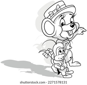 Drawing of a Cute Mouse with a Little Cricket - Cartoon Illustration Isolated on White Background, Vector