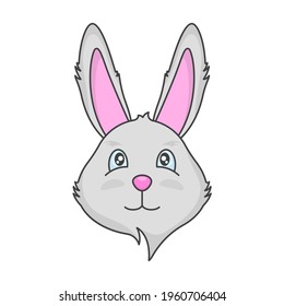 Drawing of a cute muzzle of a gray rabbit. Cartoon multi-colored image of the animal. Isolated vector illustration on a clean white background.