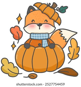 A drawing of a cute orange cartoon fox during the fall season. Use as illustrations or stickers for clothing patterns.