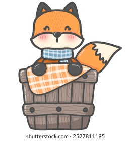 A drawing of a cute orange fox sitting in a brown wooden crate. Happy smiling expression during the autumn Use as an illustration printed clothing pattern or make a sticker