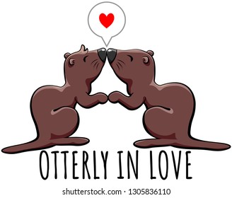Drawing of cute otters holding hands and kissing. Suitable for cards, apparel, etc.
