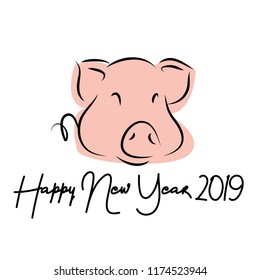 drawing of cute pig vector illustration simple concept zodiac of pig.Happy New Year 2019