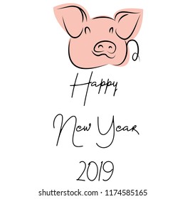drawing of cute pig vector illustration simple concept zodiac of pig.Happy New Year 2019
