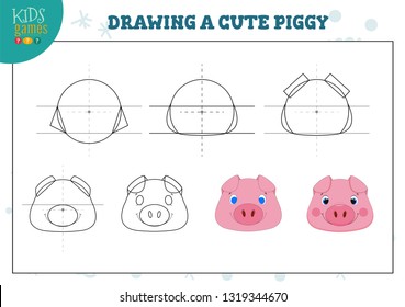 Drawing a cute piggy exercise for preschool kids. Copying scheme how to draw a head and face of animal educational activity 
