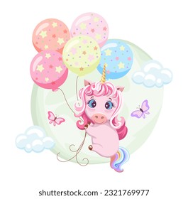 Drawing of a cute pink baby unicorn flying on balloons background of sky, clouds, and butterflies. Drawing in cartoon style. Template design for baby shower, birthday, party, greeting card, invitation