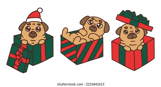 Drawing of cute puppies in gift boxes. Christmas holiday illustration.