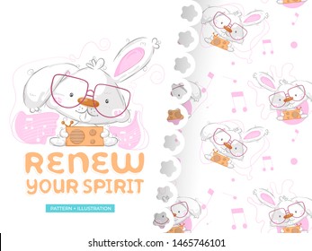 Drawing of cute rabbit with pattern set