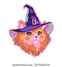 Drawing of a cute red cat wearing a witch hat