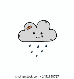 Drawing cute sad cloud cartoon icon doodle style.Vector illustration.