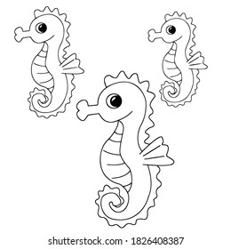 Drawing cute sea animals for kids. Black silhouette on a white background close-up. Vector illustration.