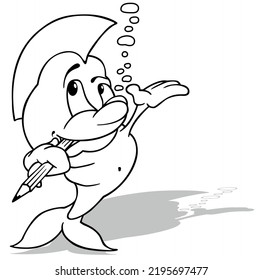 Drawing of a Cute Sea Fish with a Crayon in its Mouth - Cartoon Illustration Isolated on White Background, Vector
