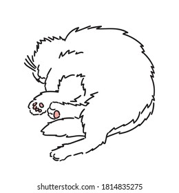Drawing of a cute sleeping cat lying on its side with its legs outstretched. Black and white illustration of an animal. Paw with a pink pad. Realistic image of an animal. Stock vector illustration