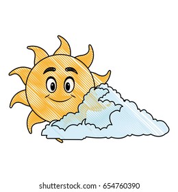 drawing cute smiling cartoon sun and cloud vector illustration