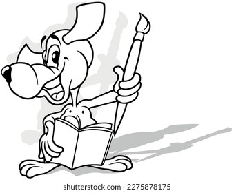 Drawing of a Cute Smiling Doggy with Workbook and Brush in Paws - Cartoon Illustration Isolated on White Background, Vector