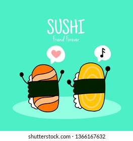 Drawing cute Sushi doodle style.Vector illustration.
