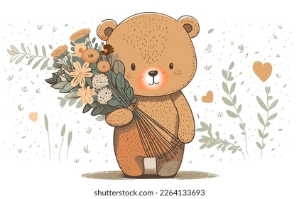 drawing cute teddy bear with a bouquet of flowers