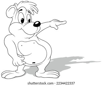 Drawing of a Cute Teddy Bear Pointing with Finger on Paw - Cartoon Illustration Isolated on White Background, Vector
