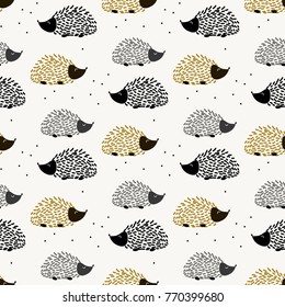 Drawing cute vector illustration seamless pattern of graphic spiky hedgehog on dots background. Colorful urchin animal pattern for fabric, textile, wallpaper, paper, wrapping or card. Doodle element.