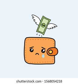 Drawing Cute Wallet With Flying Money Doodle Style.Vector Illustration.