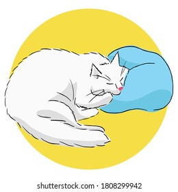 Drawing of a cute white sleeping cat lying with its cheek on the pillow. Color illustration of an animal with simple shadows on a yellow background. Realistic image. Linear drawing with color fill