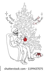 drawing a dad with a child under the tree , a sketch of a hand-drawn vector illustration