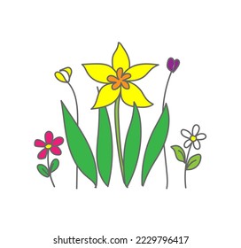 Zeichnung von Narzissen und Wildblumen.