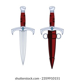 Drawing of a dagger in a sheath. The knight's short blade. Weapon of the medieval fantastic king. The drawing for design. Color tattoo. Vector illustration.