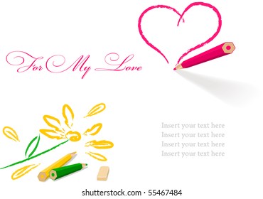 drawing daisy flower and heart shape vector isolated on white