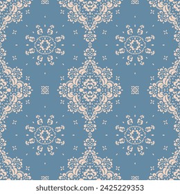 Drawing of Damascus on the wallpaper. Vintage bohemian design. Boho print in retro style. Beautiful snowflakes. Seamless openwork lace pattern for embroidery. Vintage bohemian design. Damask stencil.