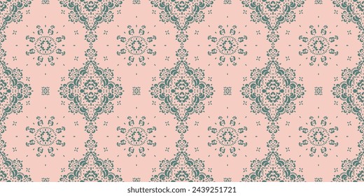 Drawing of Damascus on the wallpaper. Vintage bohemian design. Boho print in retro style. Beautiful snowflakes. Seamless openwork lace pattern for embroidery. Vintage bohemian design. Damask stencil.
