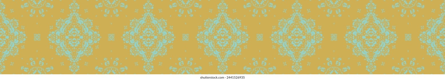 Drawing of Damascus on the wallpaper. Vintage bohemian design. Boho print in retro style. Beautiful snowflakes. Seamless openwork lace pattern for embroidery. Vintage bohemian design. Damask stencil.
