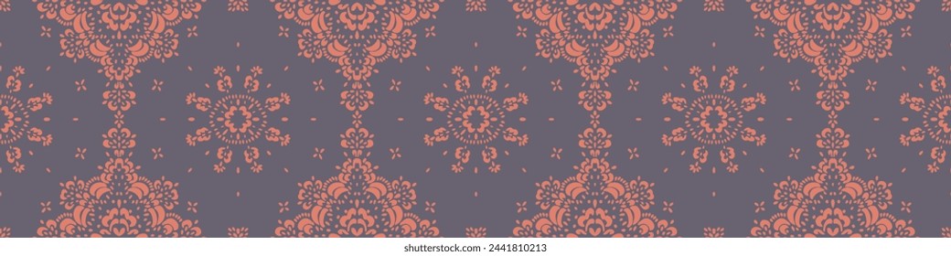 Drawing of Damascus on the wallpaper. Vintage bohemian design. Boho print in retro style. Beautiful snowflakes. Seamless openwork lace pattern for embroidery. Vintage bohemian design. Damask stencil.