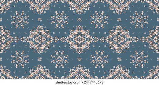 Drawing of Damascus on the wallpaper. Vintage bohemian design. Boho print in retro style. Beautiful snowflakes. Seamless openwork lace pattern for embroidery. Vintage bohemian design. Damask stencil.