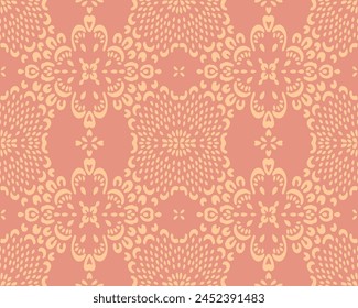 Drawing of Damascus on the wallpaper. Vintage bohemian design. Boho print in retro style. Beautiful snowflakes. Seamless openwork lace pattern for embroidery. Vintage bohemian design. Damask stencil.