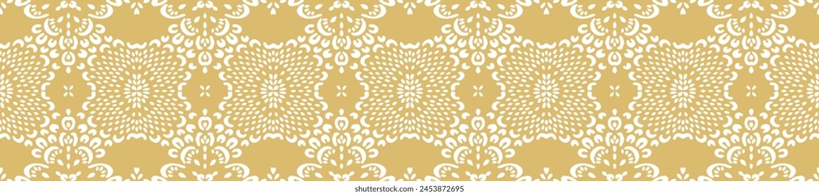 Drawing of Damascus on the wallpaper. Vintage bohemian design. Boho print in retro style. Beautiful snowflakes. Seamless openwork lace pattern for embroidery. Vintage bohemian design. Damask stencil.