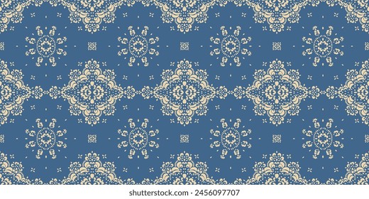 Drawing of Damascus on the wallpaper. Vintage bohemian design. Boho print in retro style. Beautiful snowflakes. Seamless openwork lace pattern for embroidery. Vintage bohemian design. Damask stencil.