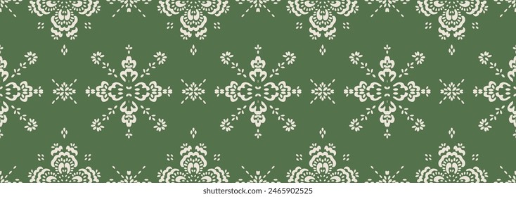 Drawing of Damascus on the wallpaper. Vintage bohemian design. Boho print in retro style. Beautiful snowflakes. Seamless openwork lace pattern for embroidery. Vintage bohemian design. Damask stencil.
